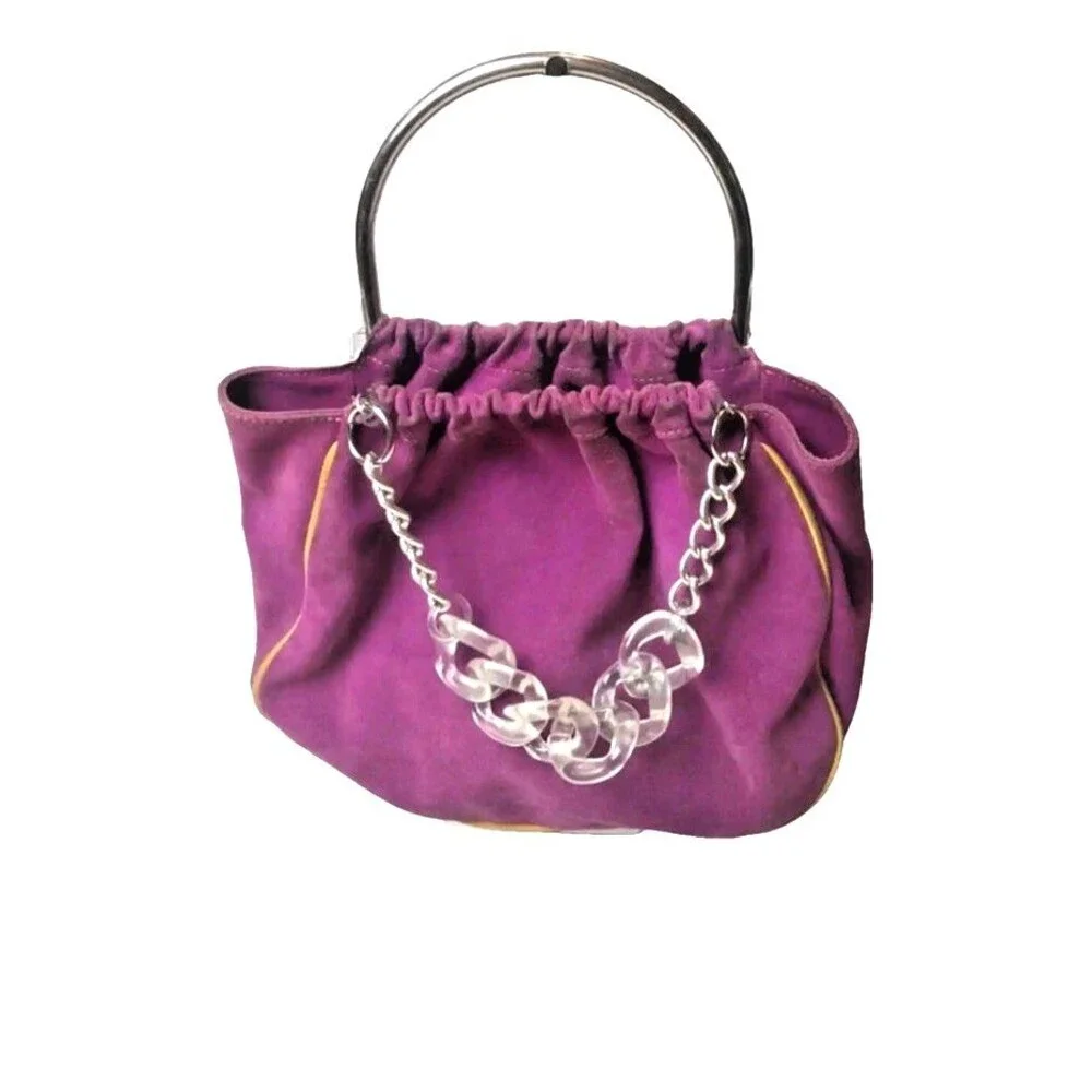 Isabella Lorusso Pink Suede Bag w/yellow Piping Transparent Chain & Cube Accents